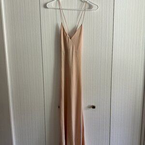 Amaryllis Nude Satin Midi Slip Dress w/ Crisscross Straps & Draped Back | Small